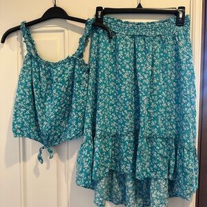 Blue Floral Tiered Midi Skirt - Girls